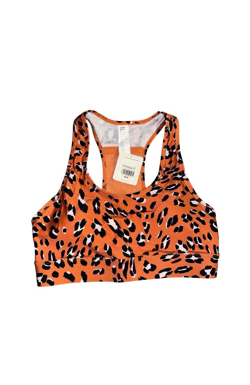 Fabletics On-The-Go Medium-Impact Sports Bra Size L Orange Leopard